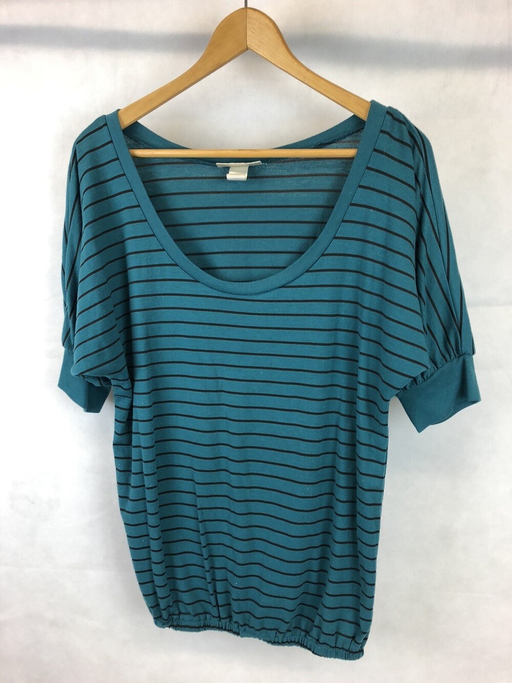 Y2K Era Self Esteem Womens S Teal Black Stripe Dolman Bubble Hem Loose Tunic Top